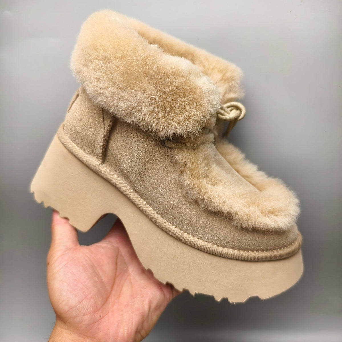 Mustard Fluffy Lace-Up Wedge Ankle Boots — New Arrival | In Stock