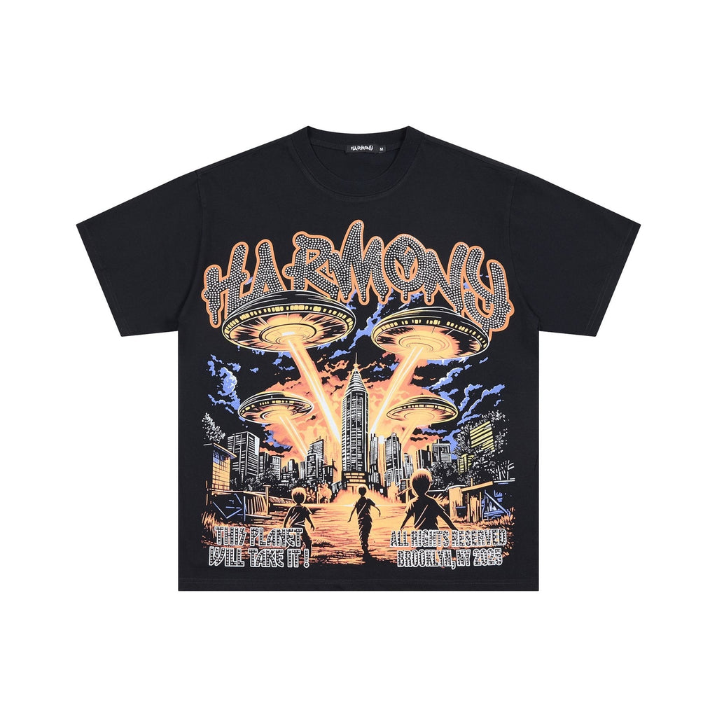 HARMONY UFO City Rhinestone Graphic T-Shirt