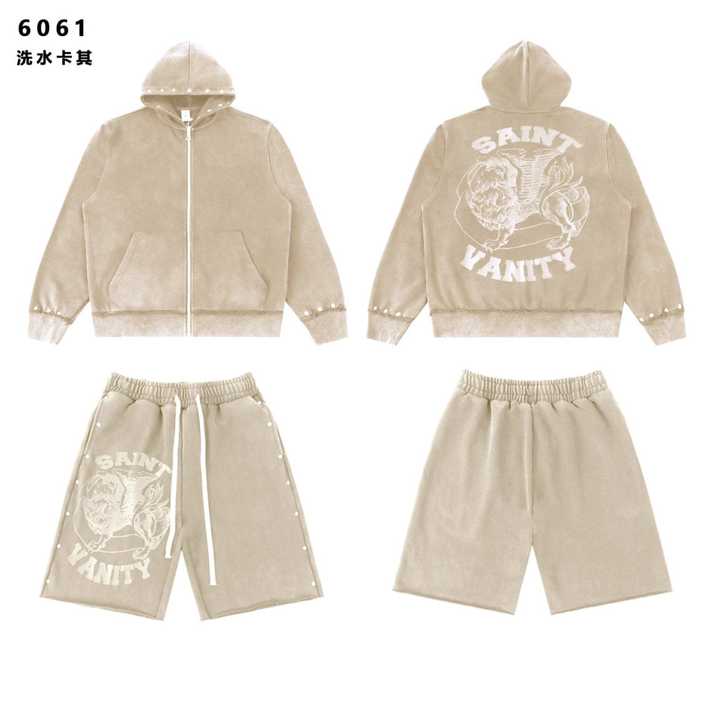 SAINT Washed Animal Graphic Zip Hoodie & Shorts Set