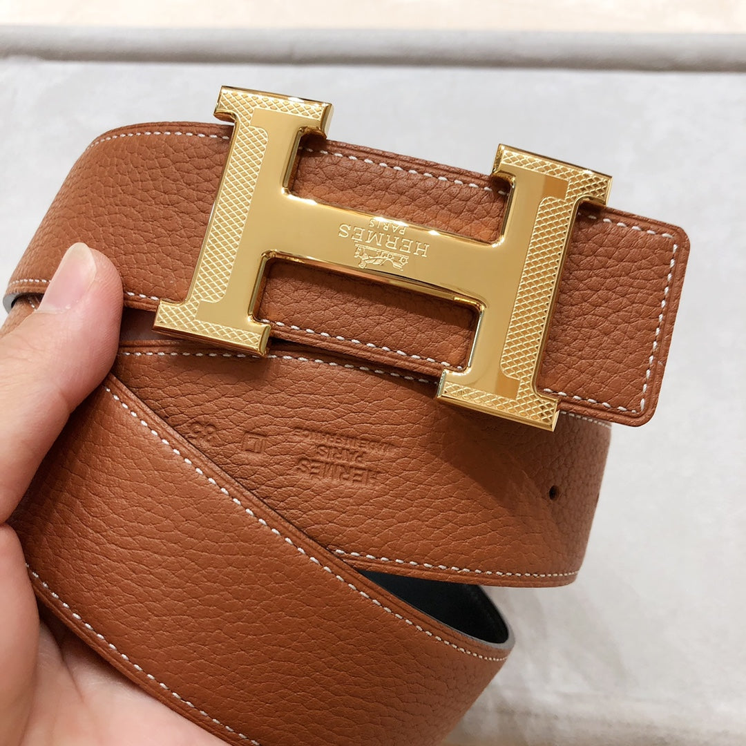 HERMES H D'ANCRE BELT BUCKLE & REVERSIBLE BLACK AND BRONZE BROWN LEATHER STRAP 38 MM GOLD HARDWARE