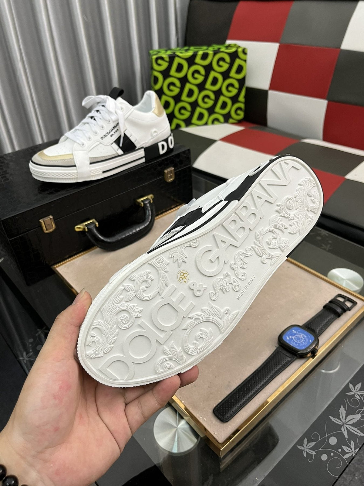 Dolce & Gabbana White, Cream & Black Lace-Up Sneakers