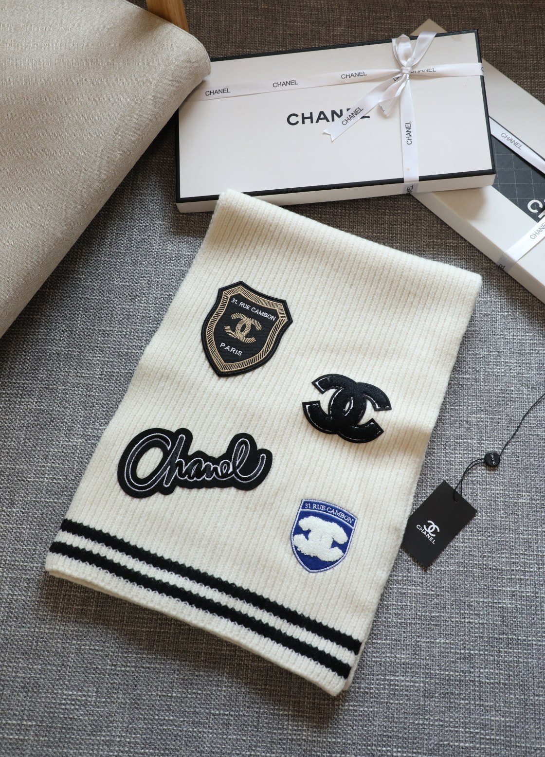 Chanel Emblem Rib-Knit Scarf