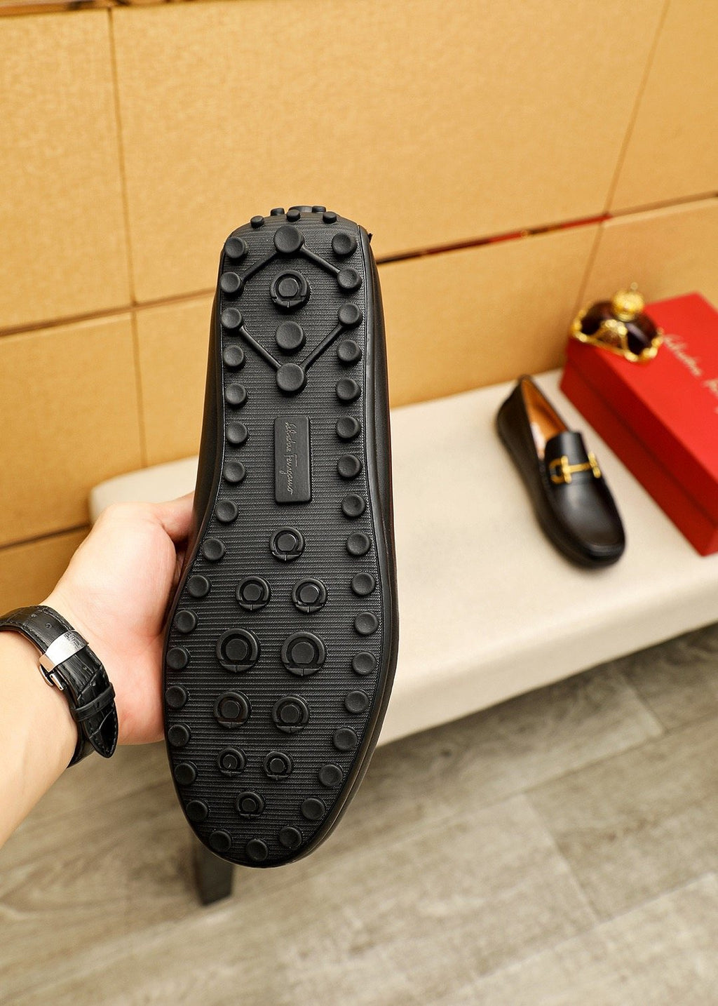 Ferragamo Black Gold-Tone Driving Loafers