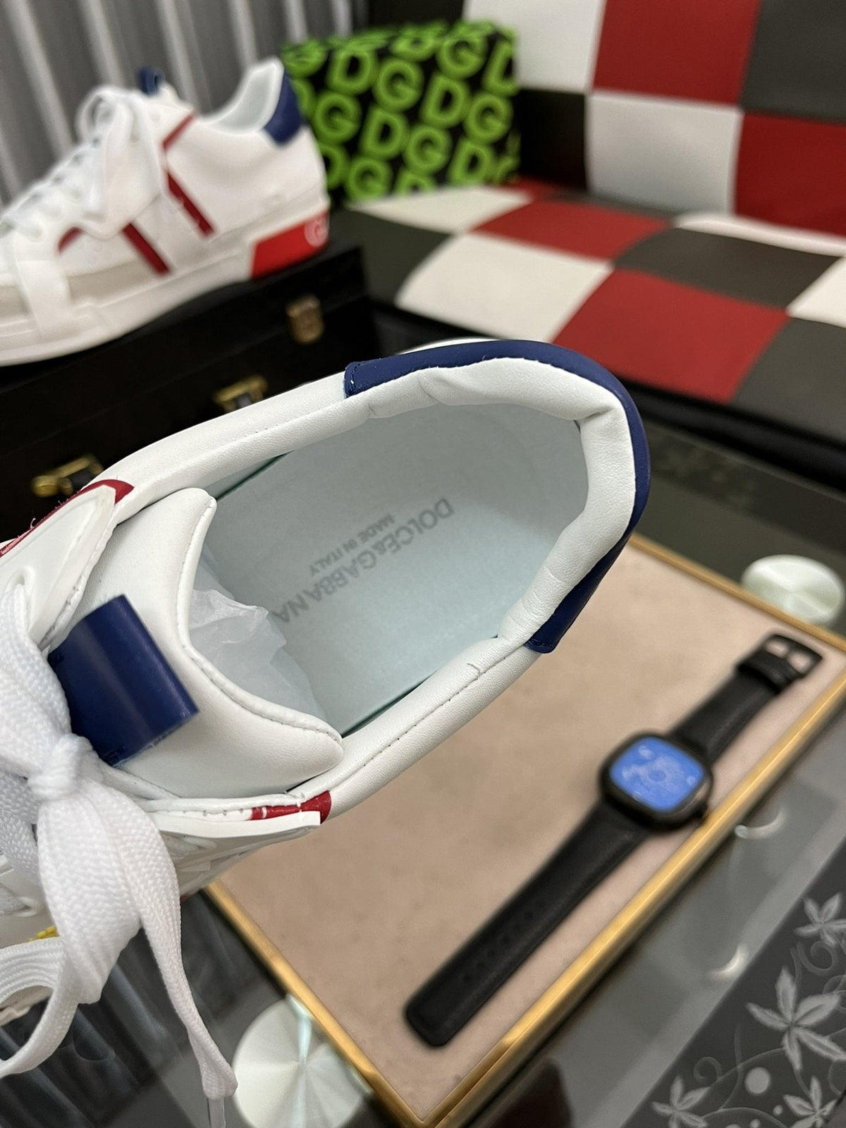 Men's White Low-Top Sneakers with Red and Navy Accents