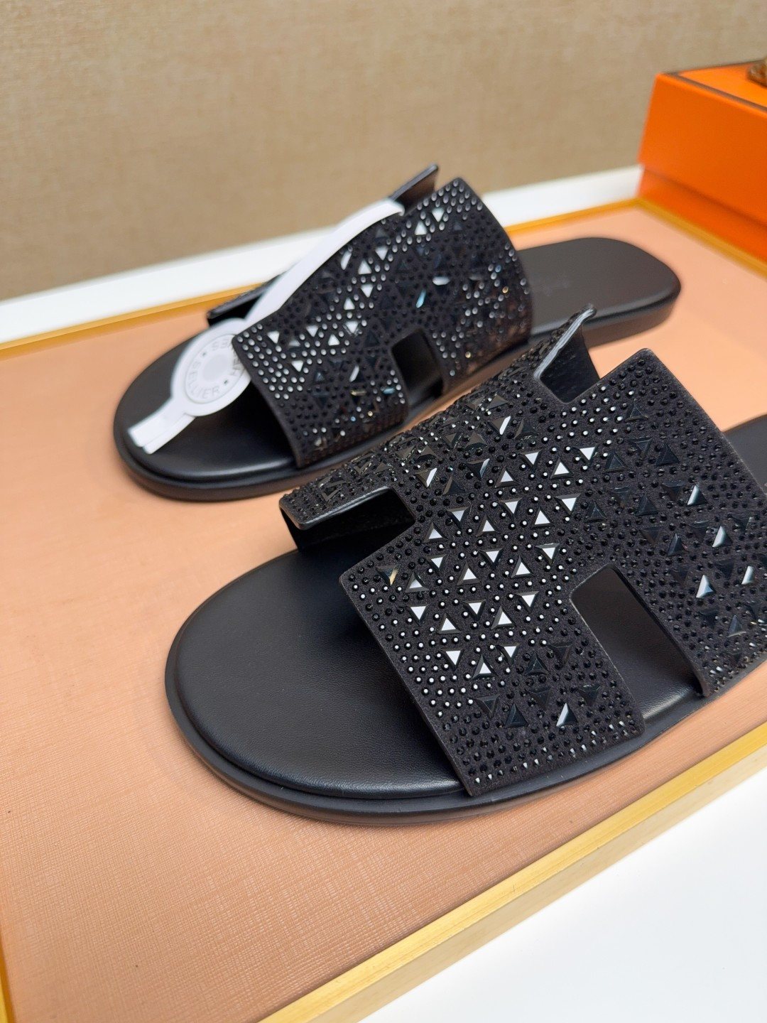 Hermès Black Perforated H-Strap Slide Sandals