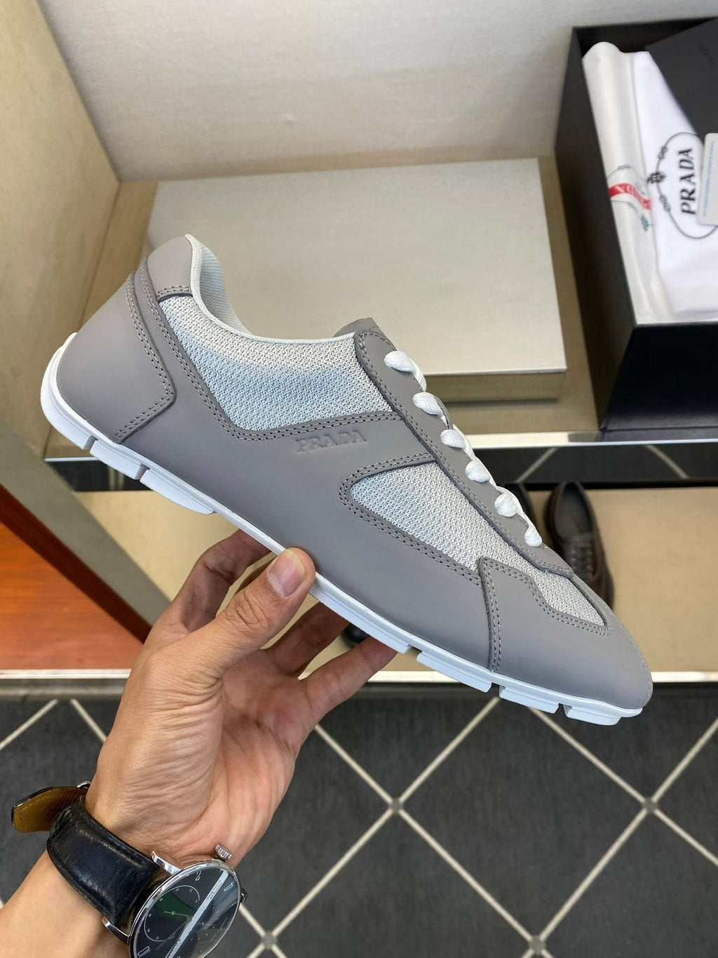 Prada Men's Gray and White Low-Top Sneakers