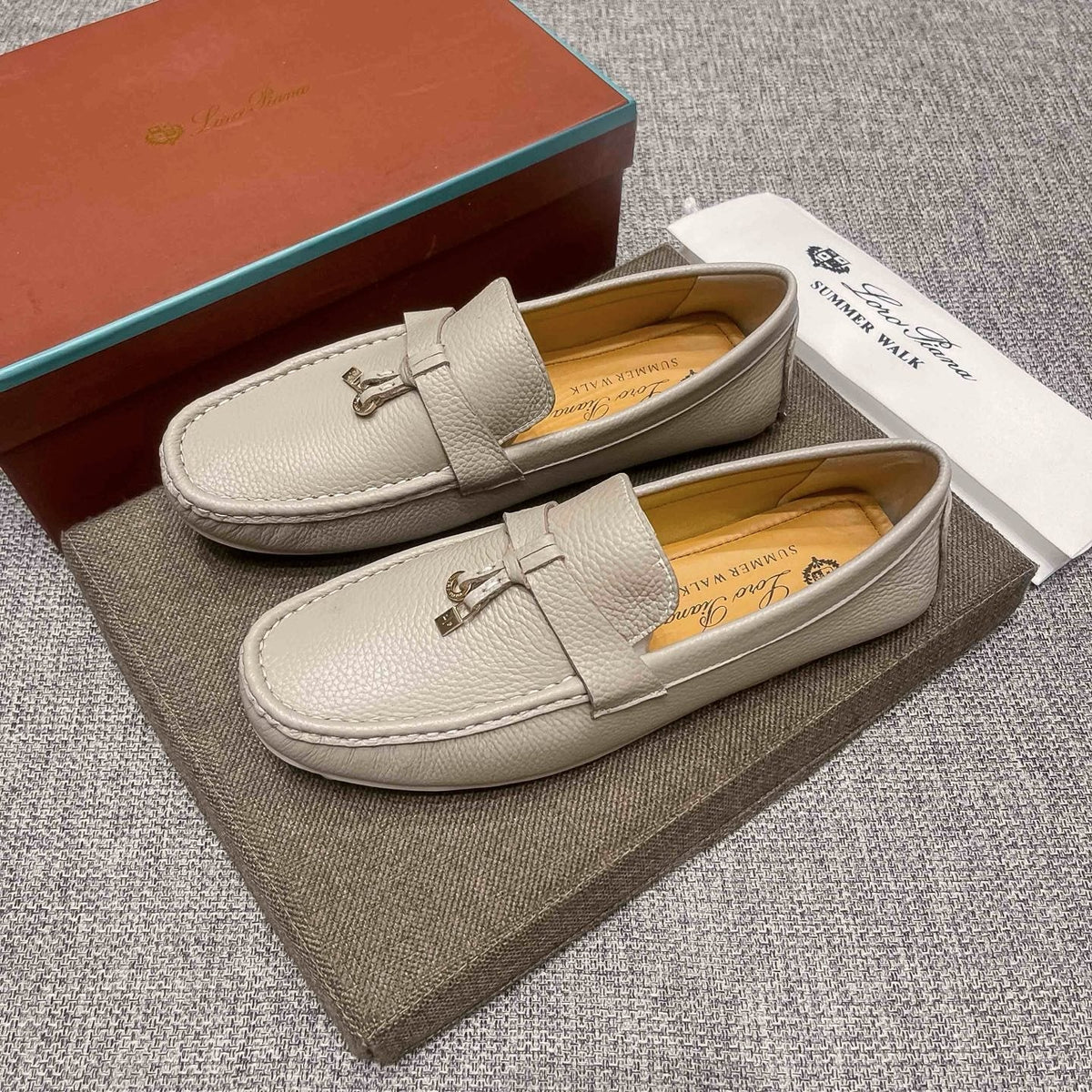 Loro Piana Men's Light Gray Metal-Accent Driving Loafers