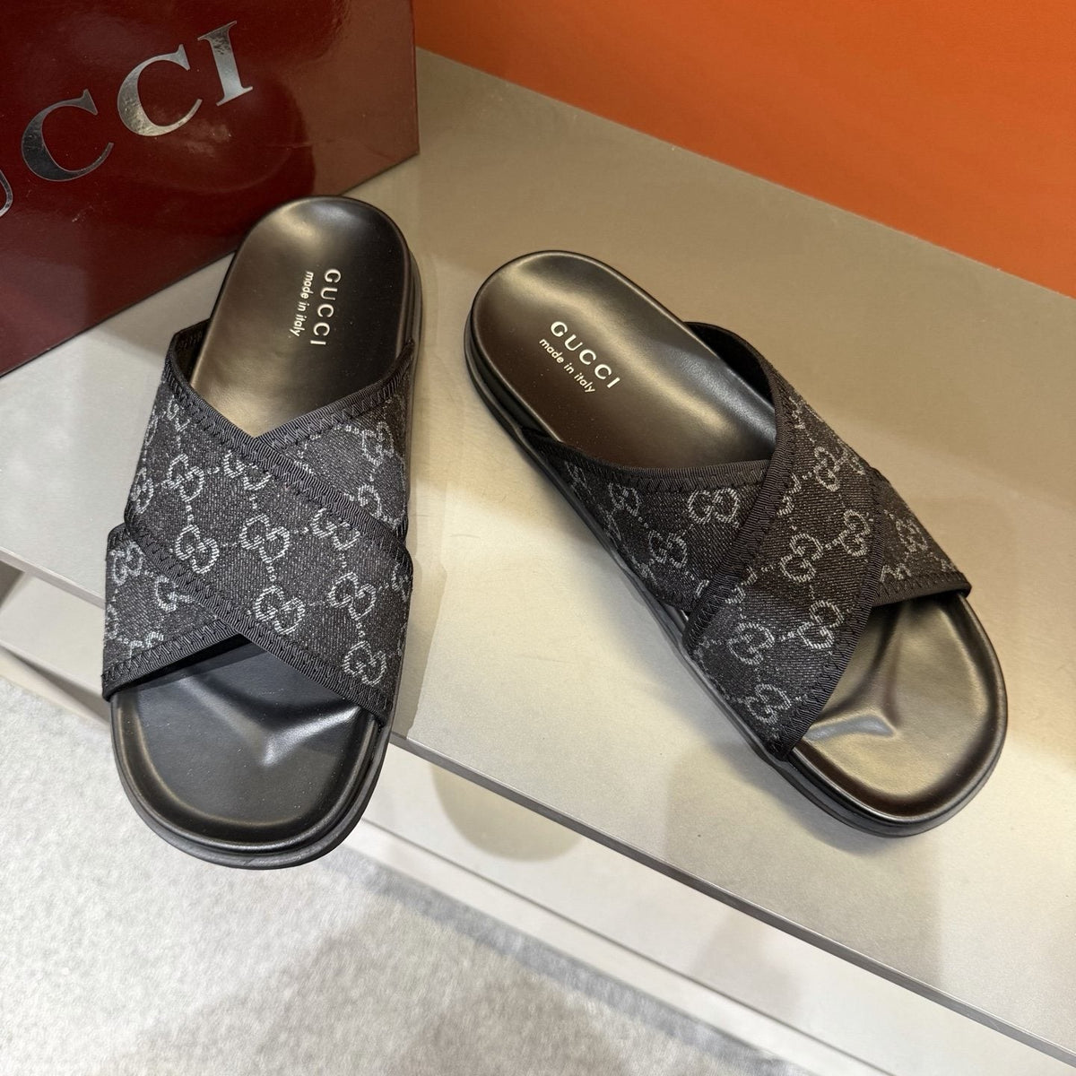 Gucci Men's Patterned Cross-Strap Slide Sandals